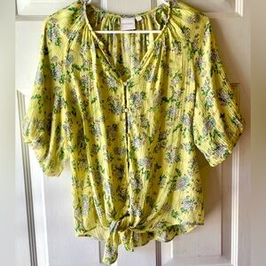Zac & Rachel Chartreuse Yellow Green Daisy Floral Balloon Sleeve Blouse Large